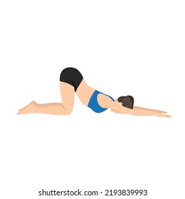 Woman doing Puppy Dog Pose, Anahatasana, Half Dog Pose, Melting Heart Pose. Practice Uttana Shishosana. Flat vector illustration isolated on white background