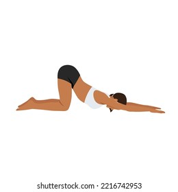 Woman doing Puppy Dog Pose, Anahatasana, Half Dog Pose, Melting Heart Pose. Practice Uttana Shishosana. Flat vector illustration isolated on white background