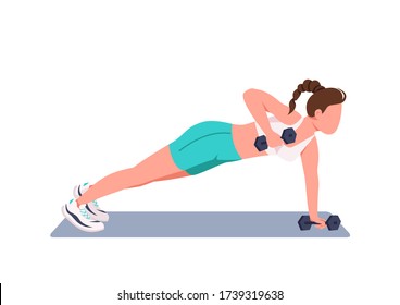 Woman doing push ups with dumbbells flat color vector faceless character. Young sportswoman, fitness instructor working out at home isolated cartoon illustration for web graphic design and animation