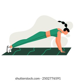 Woman doing push ups sport illustration character. Girl push up in the floor illustration