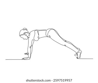 Woman doing push-up simple line art illustration. Continuous one line draw of woman practicing push ups.