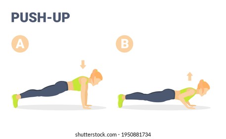 Woman Doing Push-Ups Exercise Illustration. Colorful Concept of Girl Working at Home on Her Triceps a Young Female in Sportswear Top, Sneakers, Leggings Doing Push-up in Two Stages Guidance.