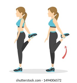 Woman doing quadriceps stretch, cool down exercise. Balance pose, flexibility improvement. Isolated vector illustration in cartoon style