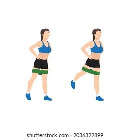 Woman doing Rear leg raise Resistance band exercise. Flat vector illustration isolated on white background