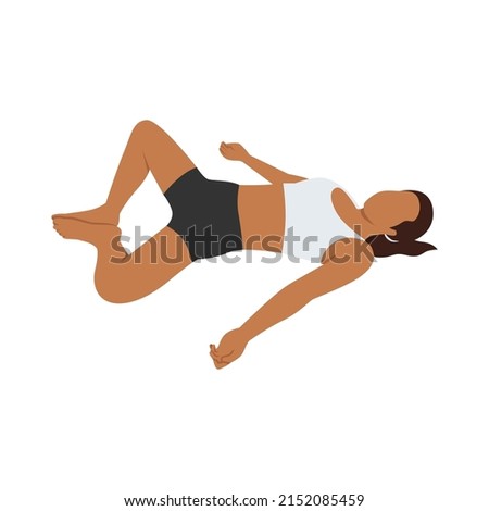 Woman doing reclining bound angle pose Gupta buddha konasana exercise. Flat vector illustration isolated on white background
