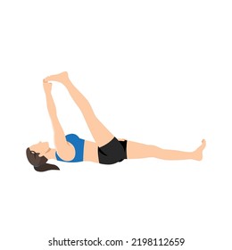 Woman doing Reclining Hand to big Toe Pose. Practice Supta Padangusthasana . Flat vector illustration isolated on white background