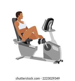 Woman doing recumbent bike cardio exercise. Flat vector illustration isolated on white background