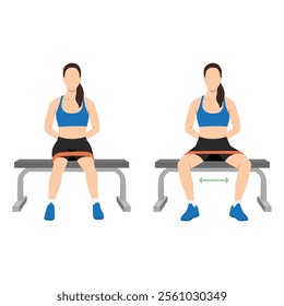 Woman doing resistance band abductor exercise sitting on bench front view. Flat vector illustration isolated on white background