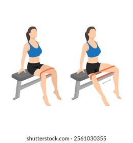 Woman doing resistance band abductor exercise sitting on bench. Flat vector illustration isolated on white background