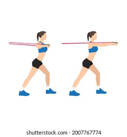 Woman doing Resistance band chest press exercise. Flat vector illustration isolated on white background