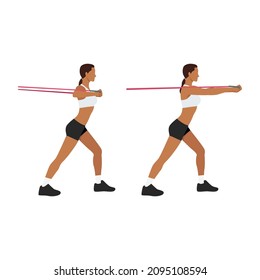 Woman doing Resistance band chest press exercise. Flat vector illustration isolated on white background