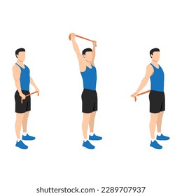 Woman doing resistance band chest opener stretch exercise. Flat vector illustration isolated on white background