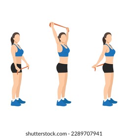 Woman doing resistance band chest opener stretch exercise. Flat vector illustration isolated on white background