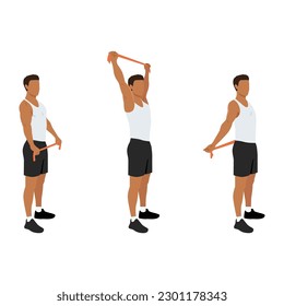 Woman doing resistance band chest opener stretch exercise. Flat vector illustration isolated on white background