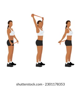 Woman doing resistance band chest opener stretch exercise. Flat vector illustration isolated on white background