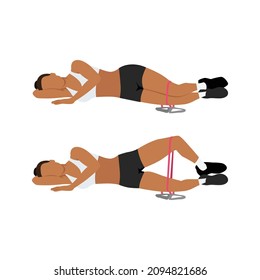 Woman Doing Resistance Band Clam Shells Exercise. Flat Vector Illustration Isolated On White Background