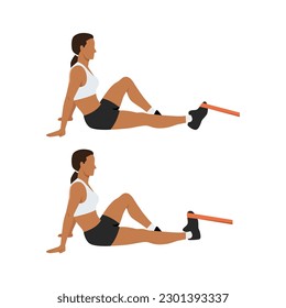 Woman doing resistance band dorsiflexion exercise stretch. Ankle exercise. Flat vector illustration isolated on white background