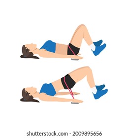 Woman doing Resistance band glute bridges exercise. Flat vector illustration isolated on white background