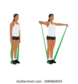 Woman doing Resistance band lateral raises. side raises exercise. Flat vector illustration isolated on white background