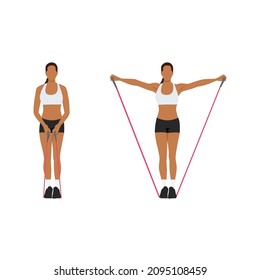 Woman doing Resistance band lateral raises. side raises exercise. Flat vector illustration isolated on white background