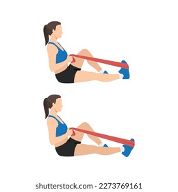 Woman doing resistance band plantar flexion or ankle pumps. Flat vector illustration isolated on white background