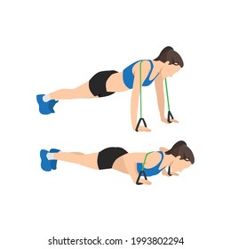 Woman doing Resistance band push ups exercise. Flat vector illustration isolated on white background