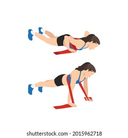 Woman Doing Resistance Band Push Up Exercise. Flat Vector Illustration Isolated On White Background