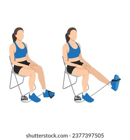 Mujer haciendo ejercicio de extensiones de piernas sentadas de la banda de resistencia. Ilustración vectorial plana aislada en fondo blanco