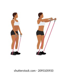 Woman doing Resistance band shoulder front raises exercise. Flat vector illustration isolated on white background