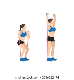 Woman doing Resistance band Squat and overhead press exercise. Flat vector illustration isolated on white background