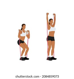 Woman doing Resistance band Squat and overhead press exercise. Flat vector illustration isolated on white background