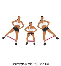 Woman doing Resistance band squat leg abduction exercise. Flat vector illustration isolated on white background