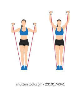 Woman doing Resistance band standing shoulder press. overhead press exercise. Flat vector illustration isolated on white background