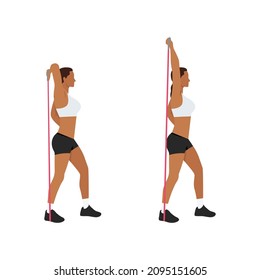 Woman doing Resistance band tricep overhead extensions exercise. Flat vector illustration isolated on white background