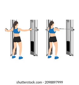 Woman doing reverse cable flyes exercise. Flat vector illustration isolated on white background