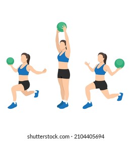 Woman Doing Reverse Lunge Medicine Ball Overhead Press Exercise. Flat Vector Illustration Isolated On White Background