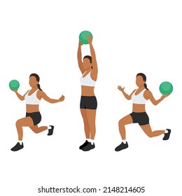 Woman Doing Reverse Lunge Medicine Ball Overhead Press Exercise. Flat Vector Illustration Isolated On White Background