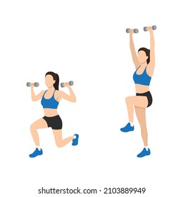 Woman doing Reverse lunge shoulder press exercise. Flat vector illustration isolated on white background