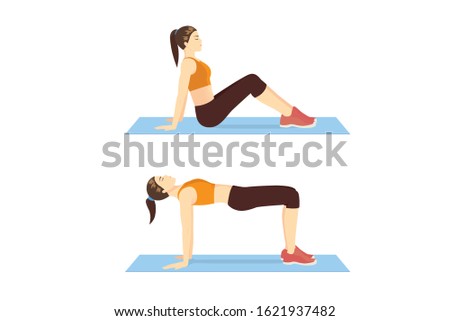 Woman doing the Reverse Plank Bridge exercise in 2 step for guide. Illustration about workout diagram for build.