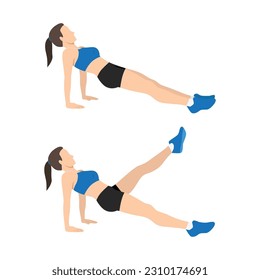 Woman doing Reverse Plank With Leg Raise Form in 2 steps for exercise guide. Illustration about workout to target at shoulders, legs, and abdominal muscles. Flat vector illustration isolated on white 