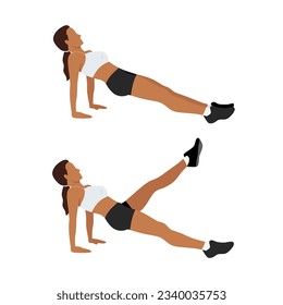 Woman doing Reverse Plank With Leg Raise Form in 2 steps for exercise guide. Illustration about workout to target at shoulders, legs, and abdominal muscle.