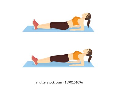 Woman doing Reverse Plank pose exercise in 2 steps for guide. Illustration about workout introduction for build abdominal muscles.