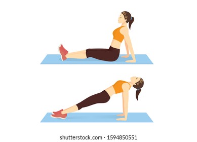 Woman doing Reverse Plank pose exercise and hold the position on blue mat. Illustration about workout guide for correct posture.