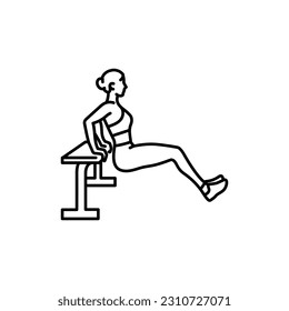 Woman doing reverse push ups using bench black line icon. Pictogram for web page, mobile app, promo.