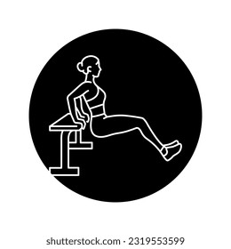 Woman doing reverse push ups using bench black line icon. Pictogram for web page, mobile app, promo.