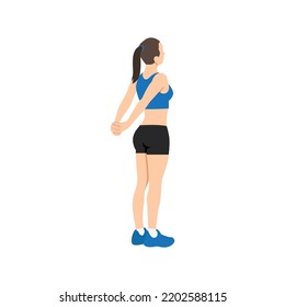 Woman doing reverse shoulder stretch exercise. Flat vector illustration isolated on white background