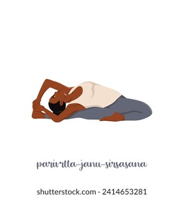 Woman doing Revolved Head to Knee Pose. Parivrtta janu sirsasana. Flat vector illustration isolated on white background