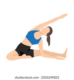 Woman doing Revolved Head to Knee Prep or Parivrtta Janu Sirsasana Prep. Flat vector illustration isolated on white background