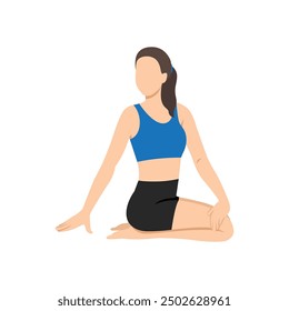 Woman doing Revolved Thunderbolt Pose or Parivrtta Vajrasana. Flat vector illustration isolated on white background