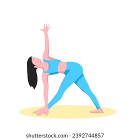 Woman doing revolved triangle pose parivrtta trikonasana exercise. Flat vector illustration. 
